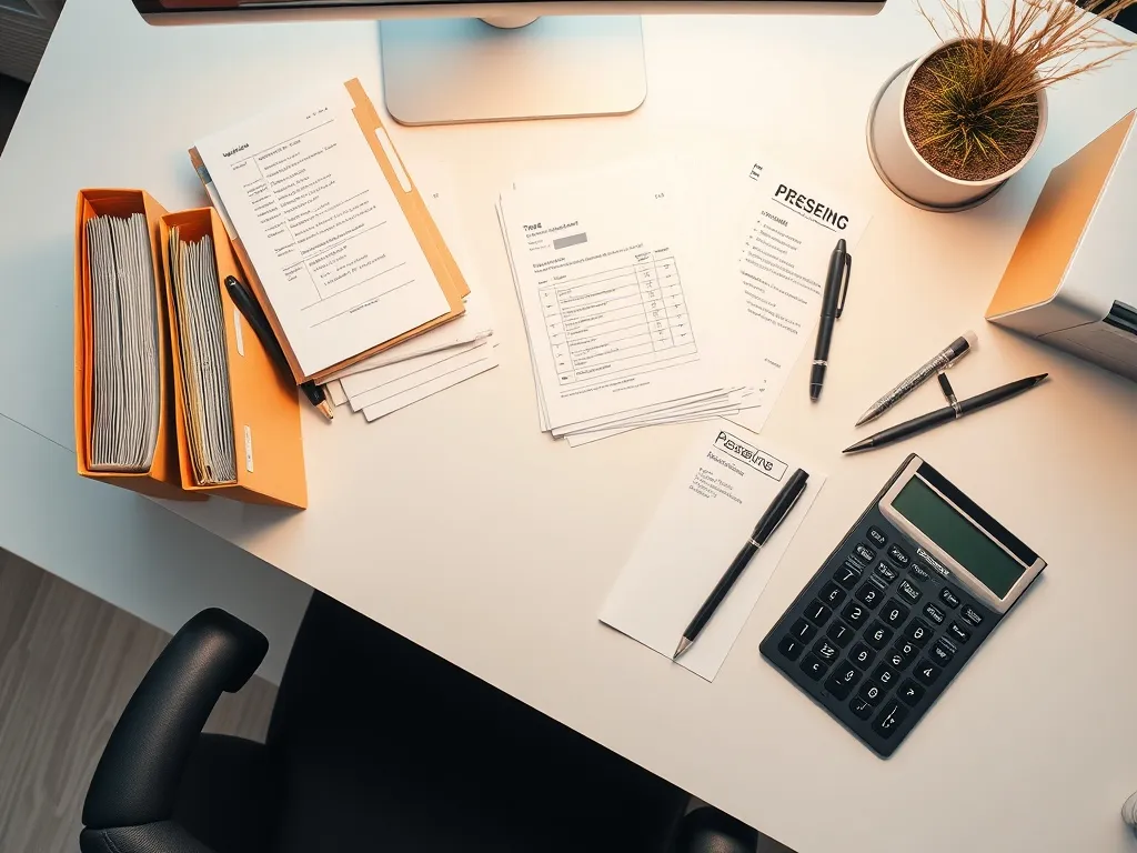 A high-angle, professional organized desk with folders, rece
