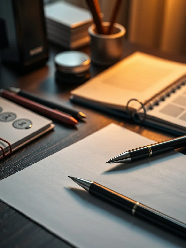 Close-up of high-quality stationery, pens, and paper on a da