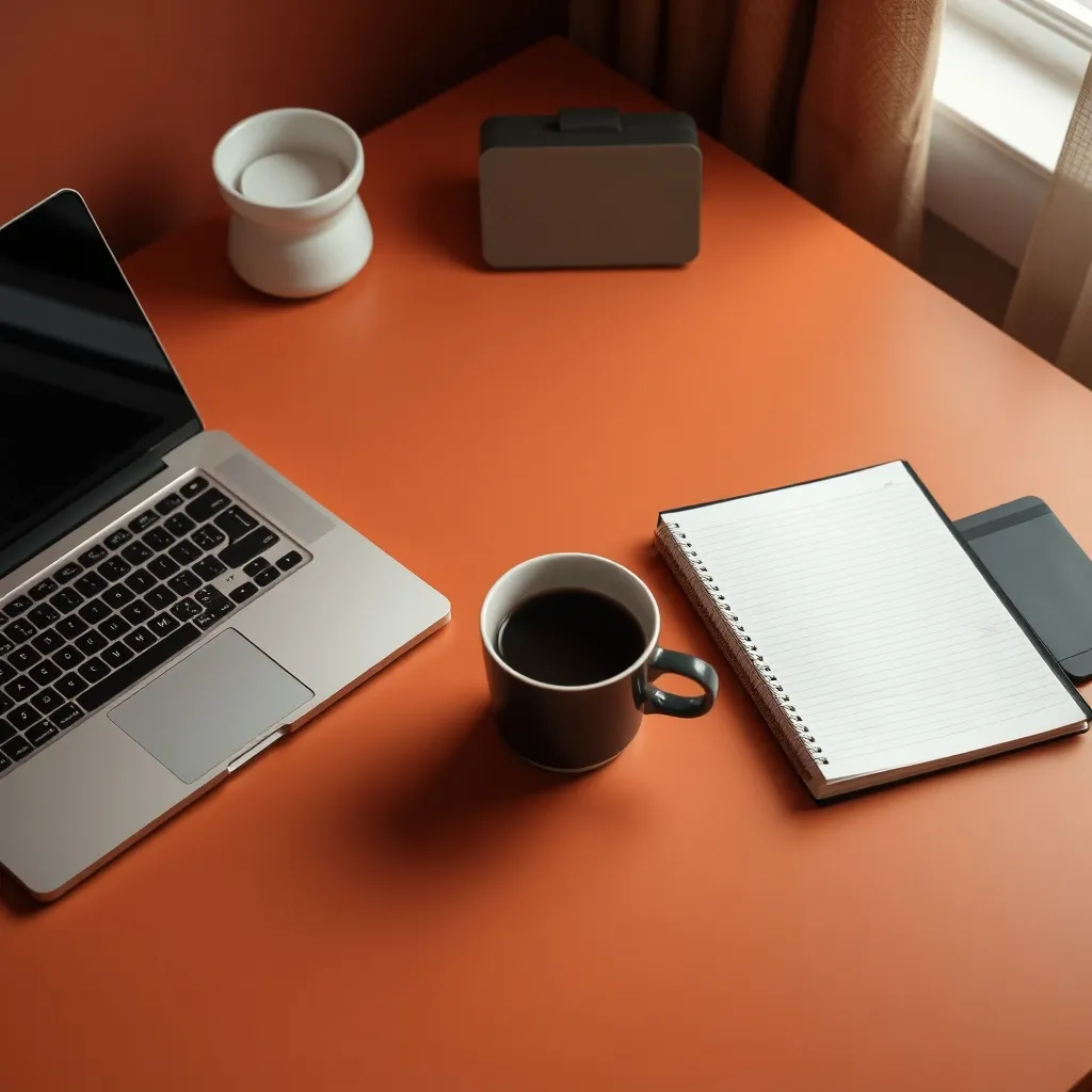 High-angle shot of a clean, professional home office desk wi