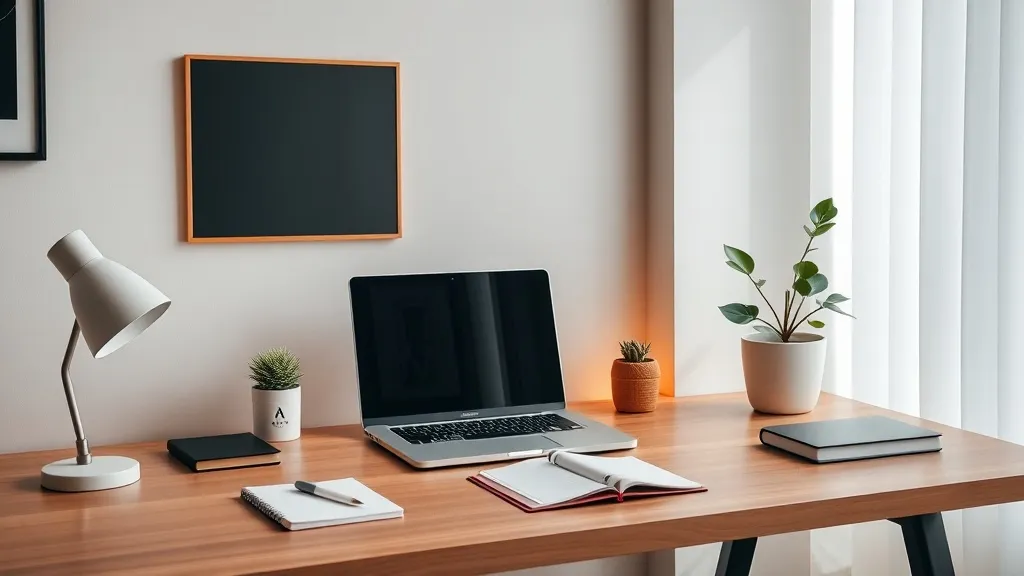 A professional minimalist home office desk with a laptop, no