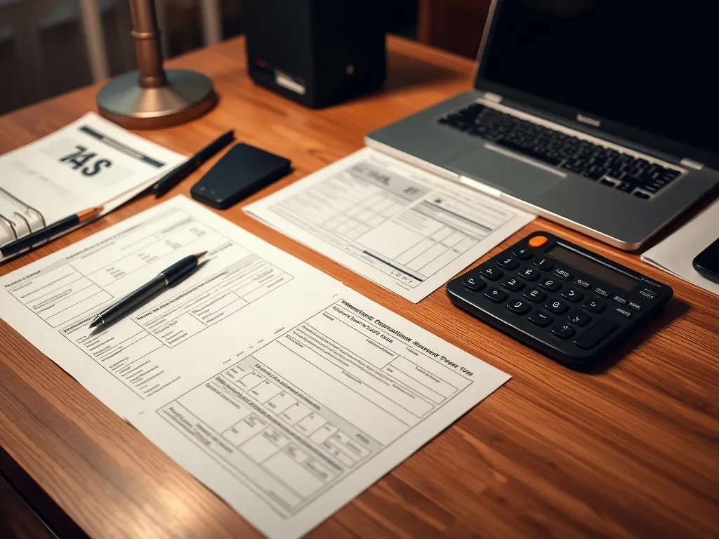 A professional office desk with a calculator, tax forms, and