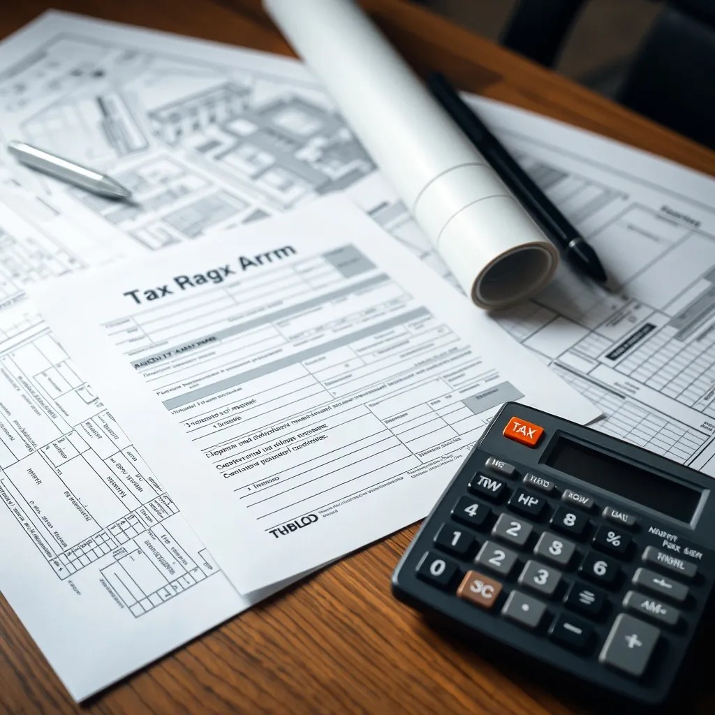 Close up of tax forms, a calculator, and architectural bluep